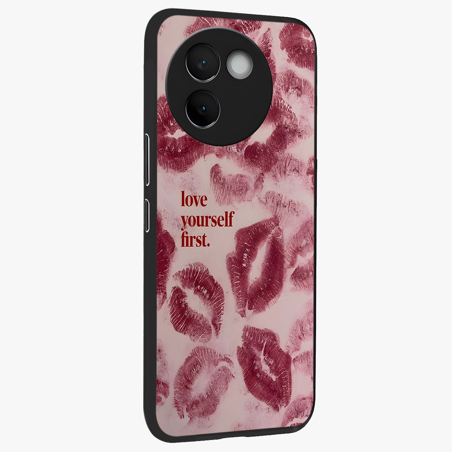 Crimson Kiss Love Glass Case upright view showcasing expressive romantic artwork with deep crimson theme.