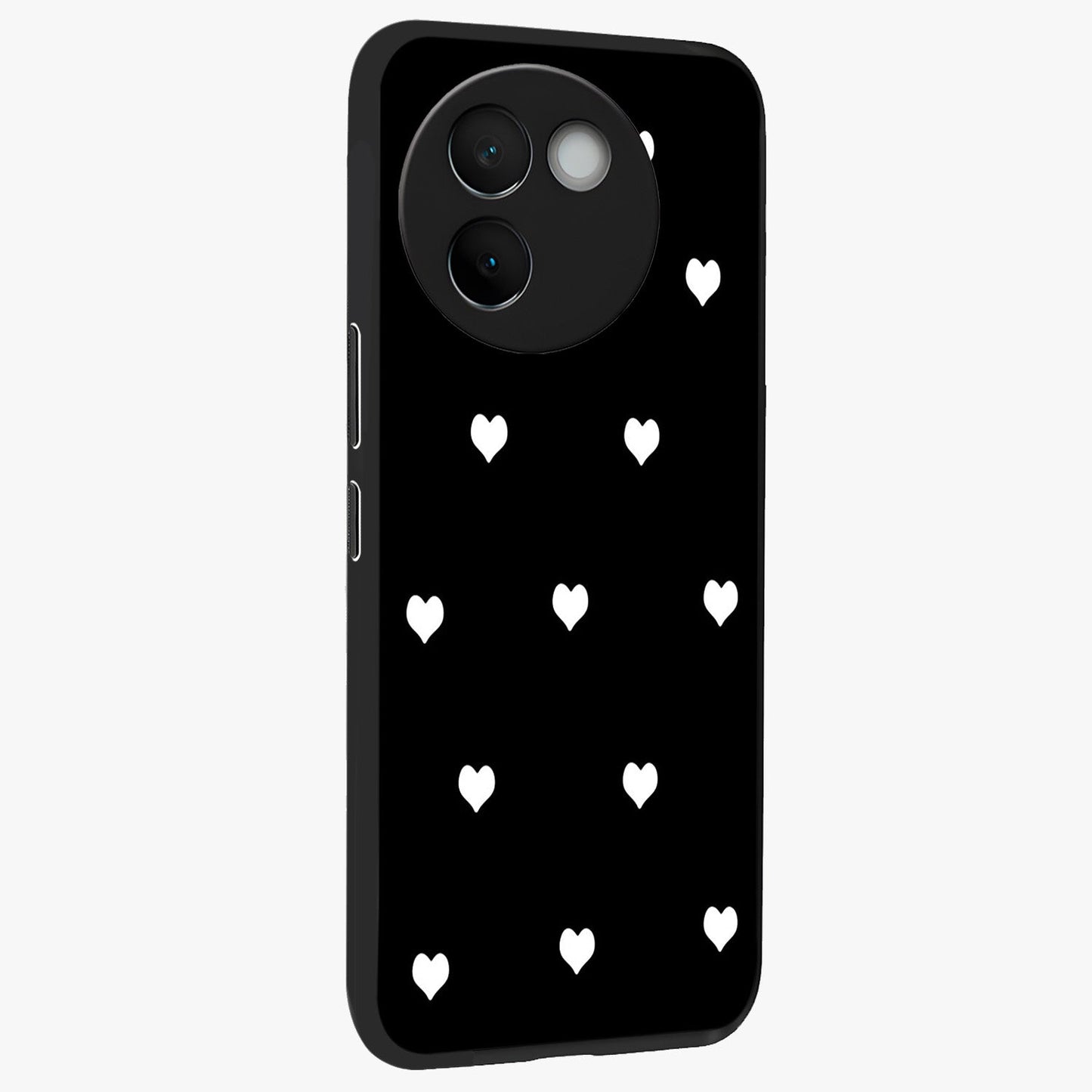 Cute And Simple White Hearts Glass Case upright view showcasing simple white hearts artwork with soft minimal theme.