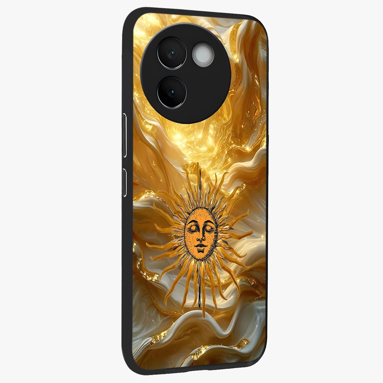 Eternal Golden Glow Glass Case upright view showcasing luminous golden artwork with luxurious visual theme.
