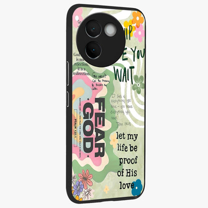 Faith Over Fear Glass Case upright view showcasing bold typography artwork with uplifting motivational theme.
