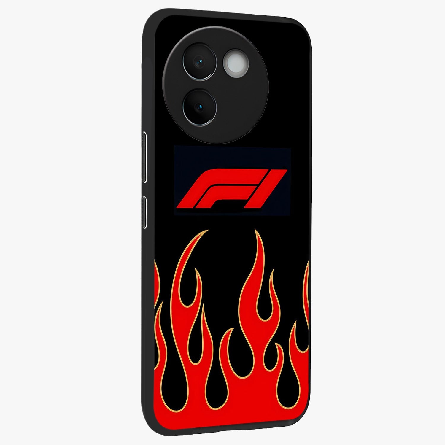 Fire F11 Glass Case upright view showcasing dynamic flame artwork with intense visual theme.