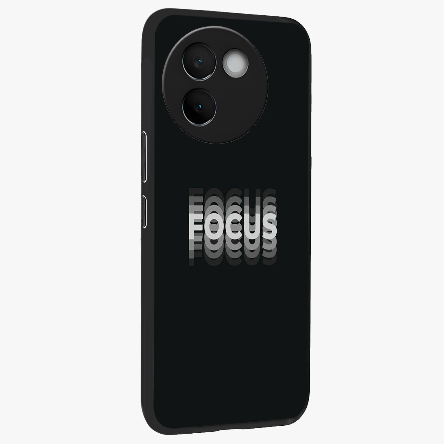 Focus Mode On Glass Case upright view showcasing strong typography statement with sleek motivational theme.