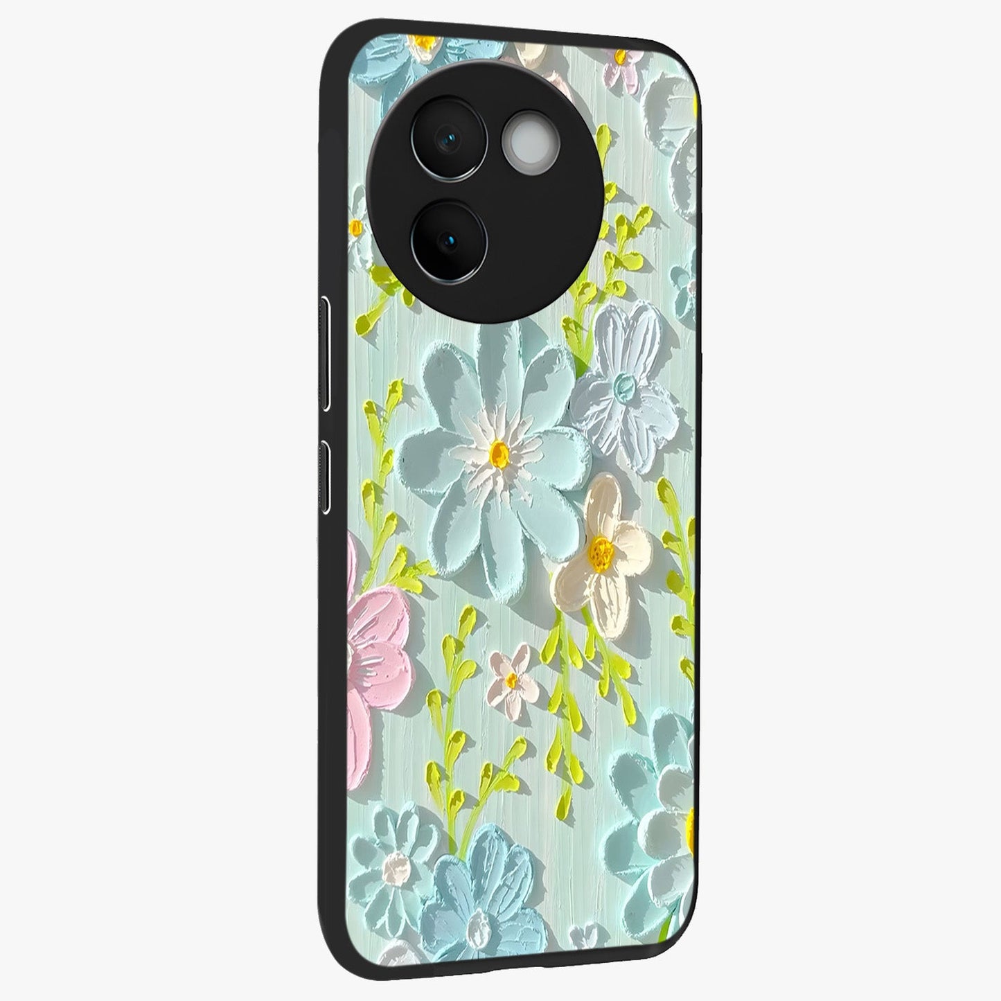 Frosted Petal Garden Glass Case upright view showcasing elegant floral garden artwork with soothing pastel theme.