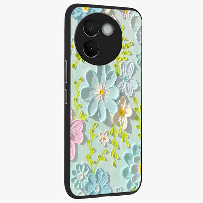 Frosted Petal Garden Glass Case upright view showcasing elegant floral garden artwork with soothing pastel theme.