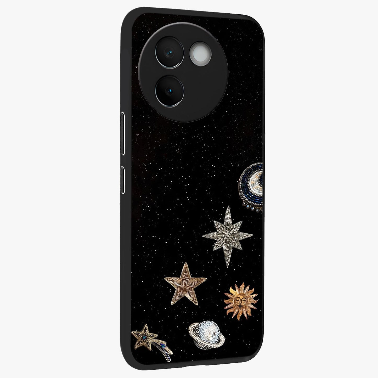 Galactic Charm Glow Glass Case upright view showcasing glowing cosmic charm artwork with magical celestial style.