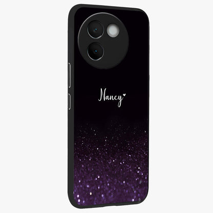 Glittery Purple Bokeh Custom Name Glass Case upright view showcasing vibrant purple sparkle artwork with personalized aesthetic style.