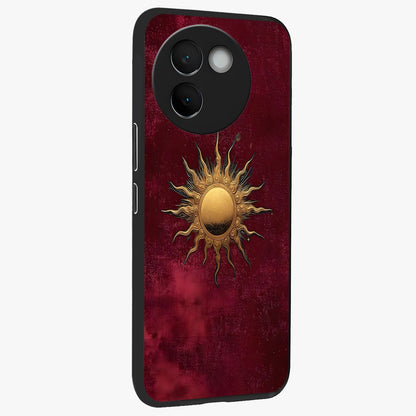 Golden Sun Minimalism Glass Case upright view showcasing simple golden sun artwork with elegant minimalist style.