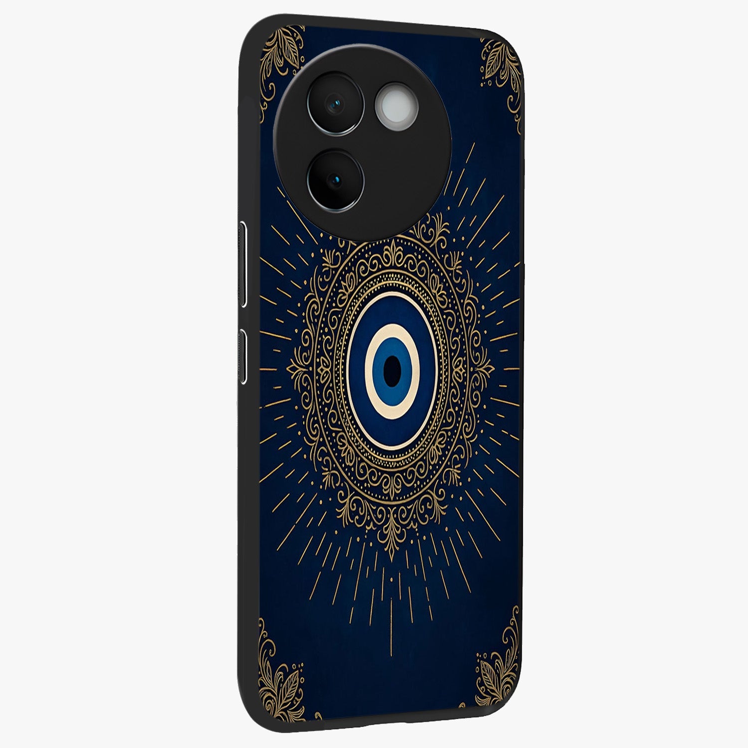 Golden Celestial Charm Glass Case upright view showcasing radiant celestial artwork with elegant golden theme.