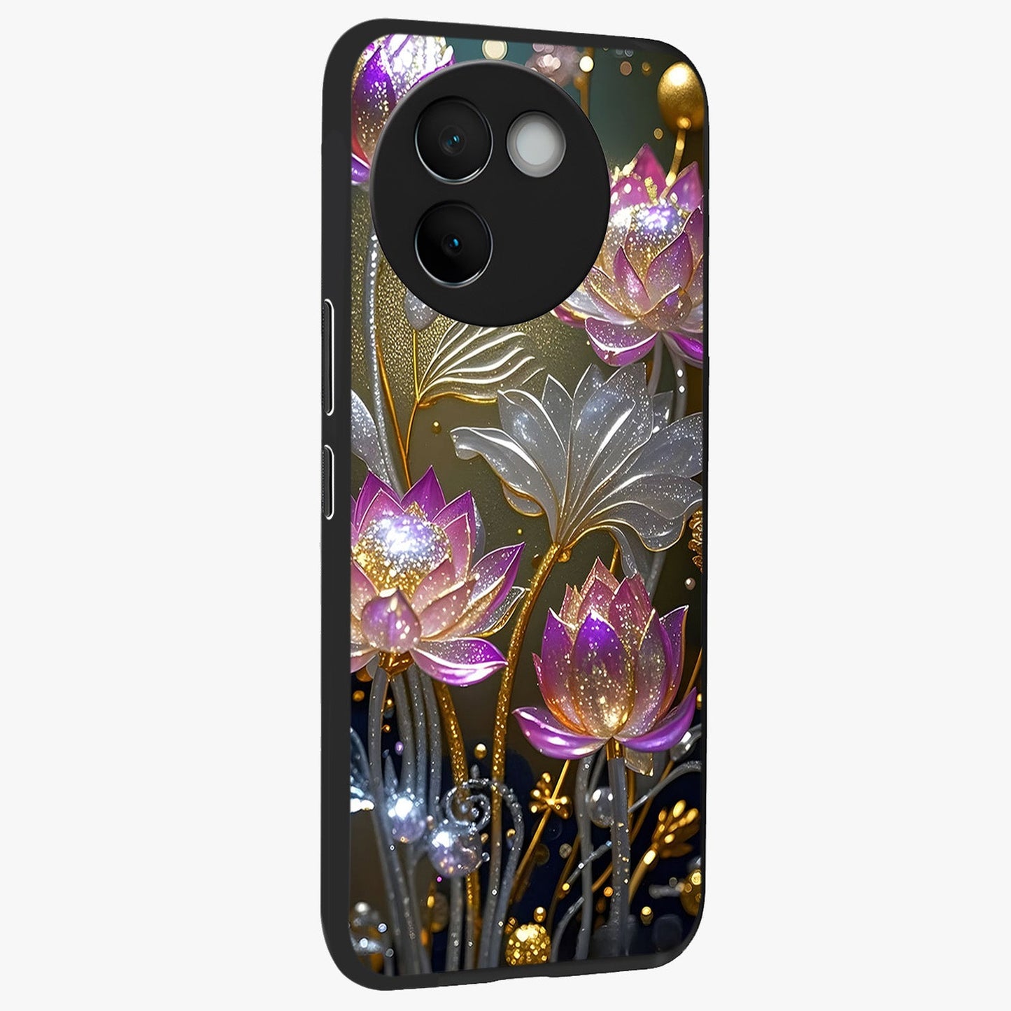Golden Floral Majesty Glass Case upright view showcasing majestic floral artwork with rich decorative theme.