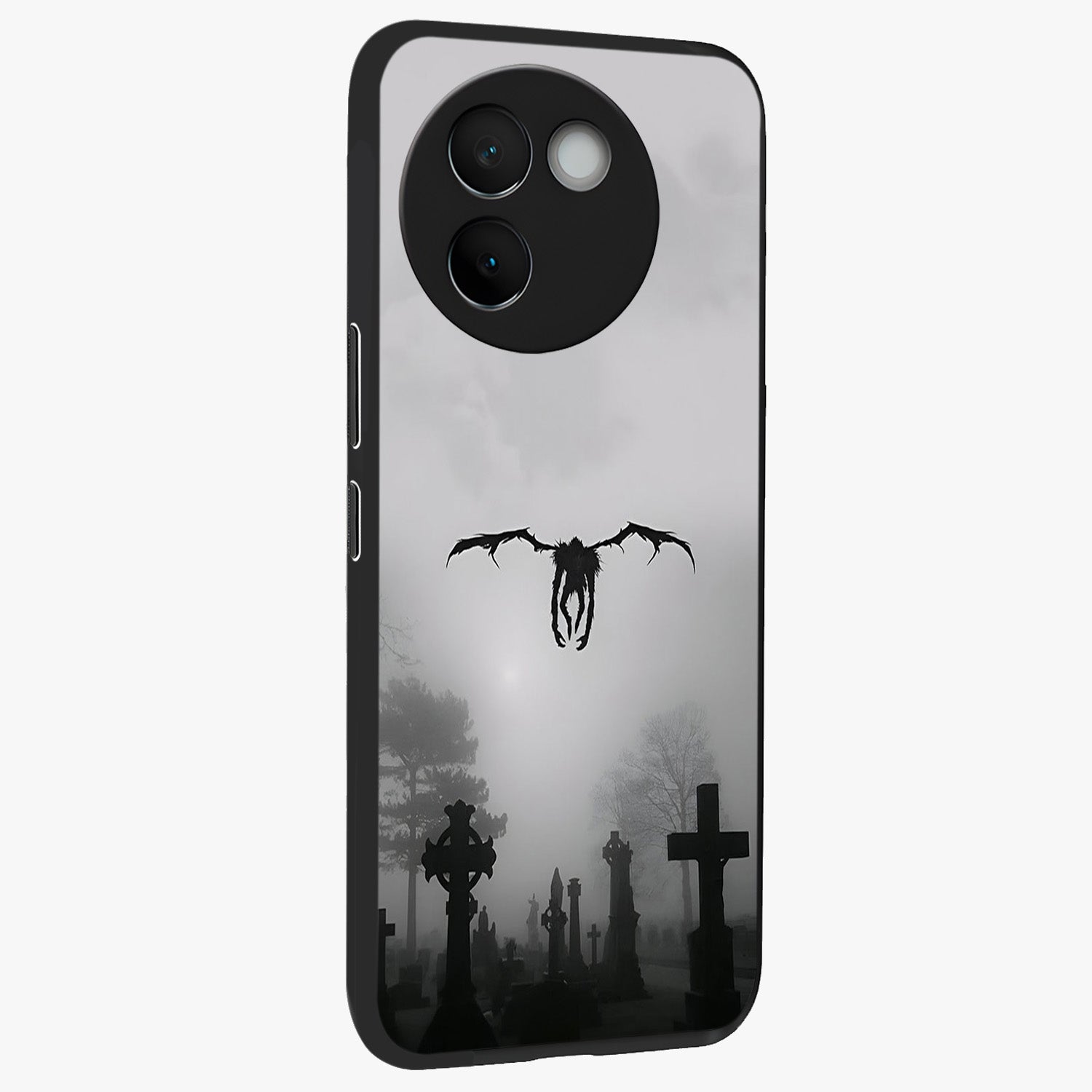 Graveyard Shadow Descent Glass Case upright view showcasing haunting graveyard artwork with dramatic dark theme.