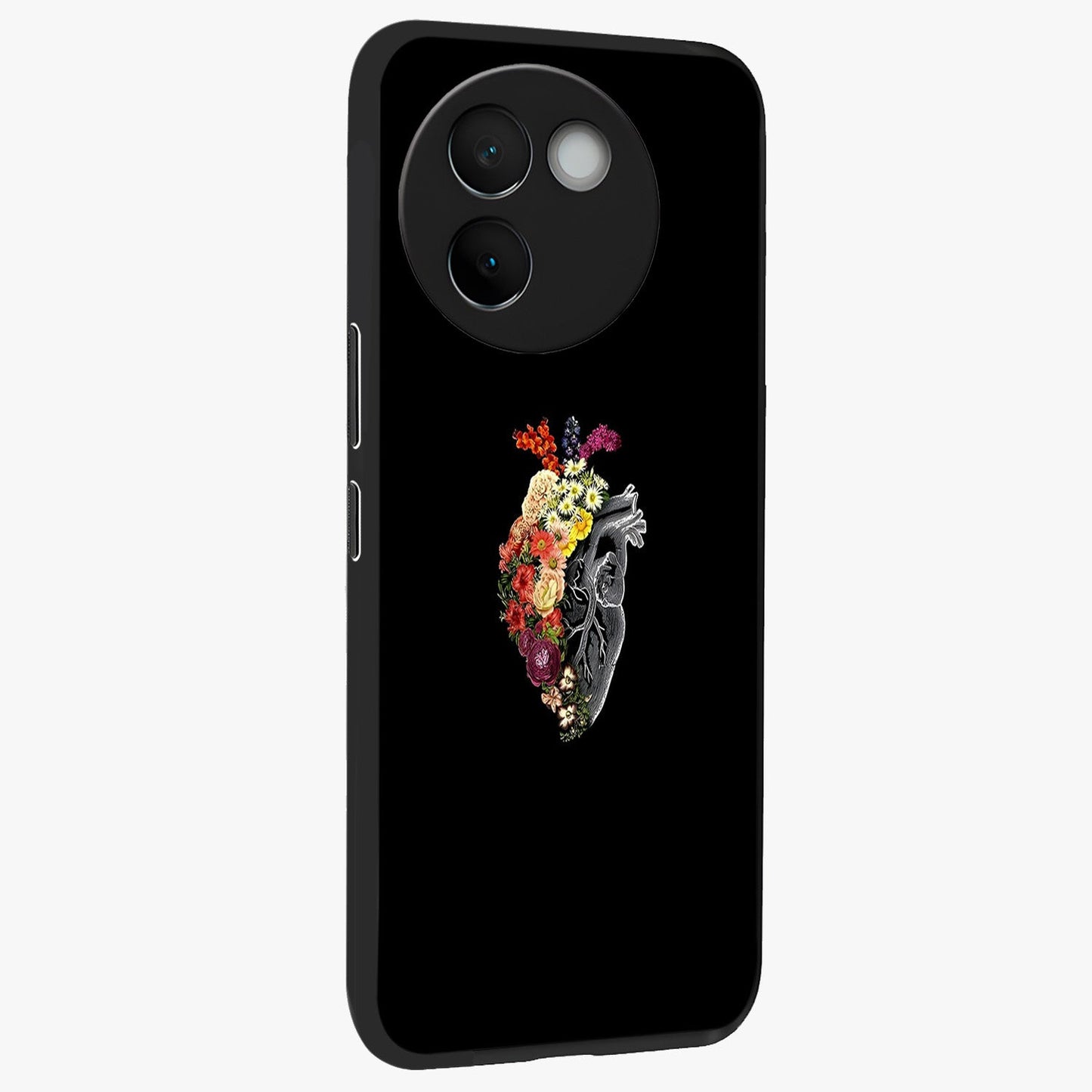Heart With Flowers Glass Case upright view showcasing decorative heart and floral artwork with sweet romantic theme.