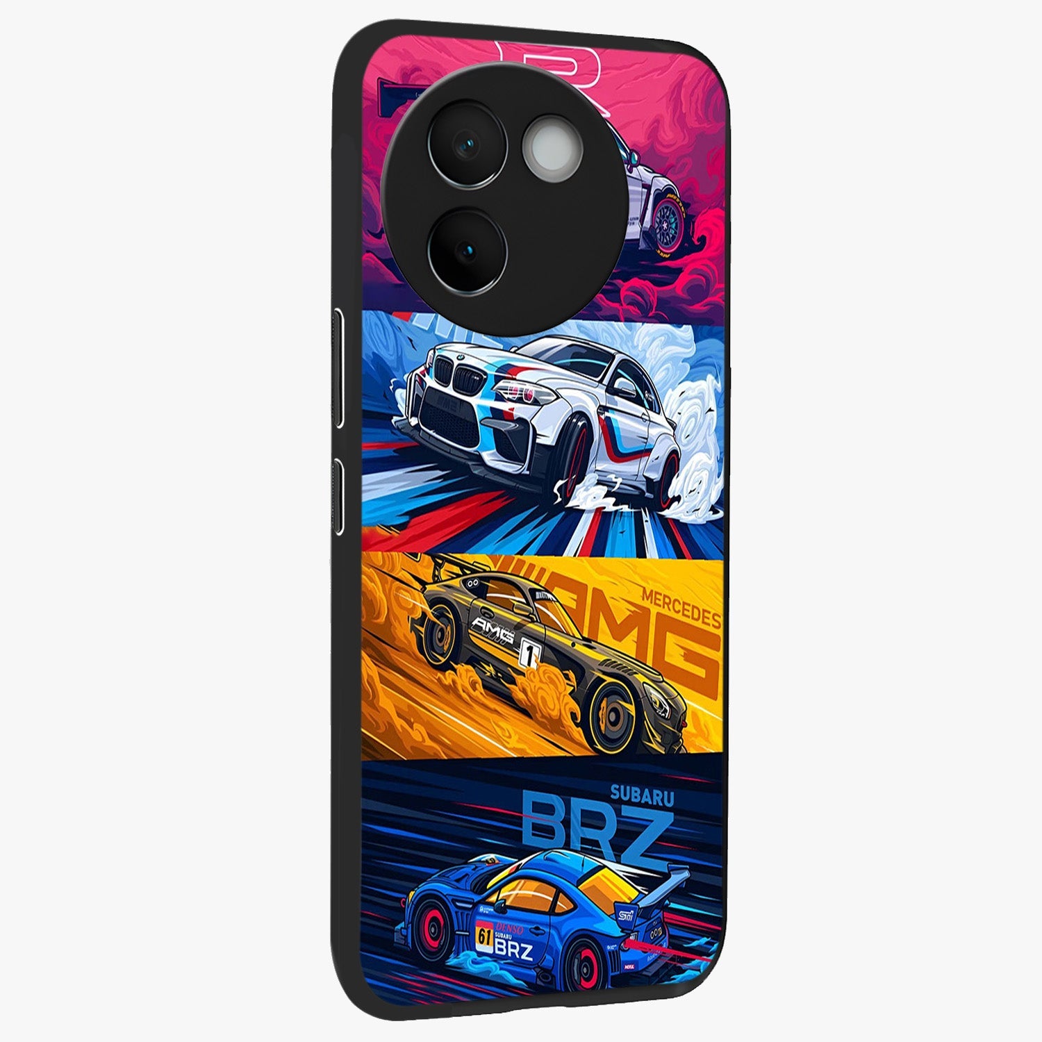 JDM Sports Car Glass Case upright view showcasing dynamic sports car artwork with bold racing theme.