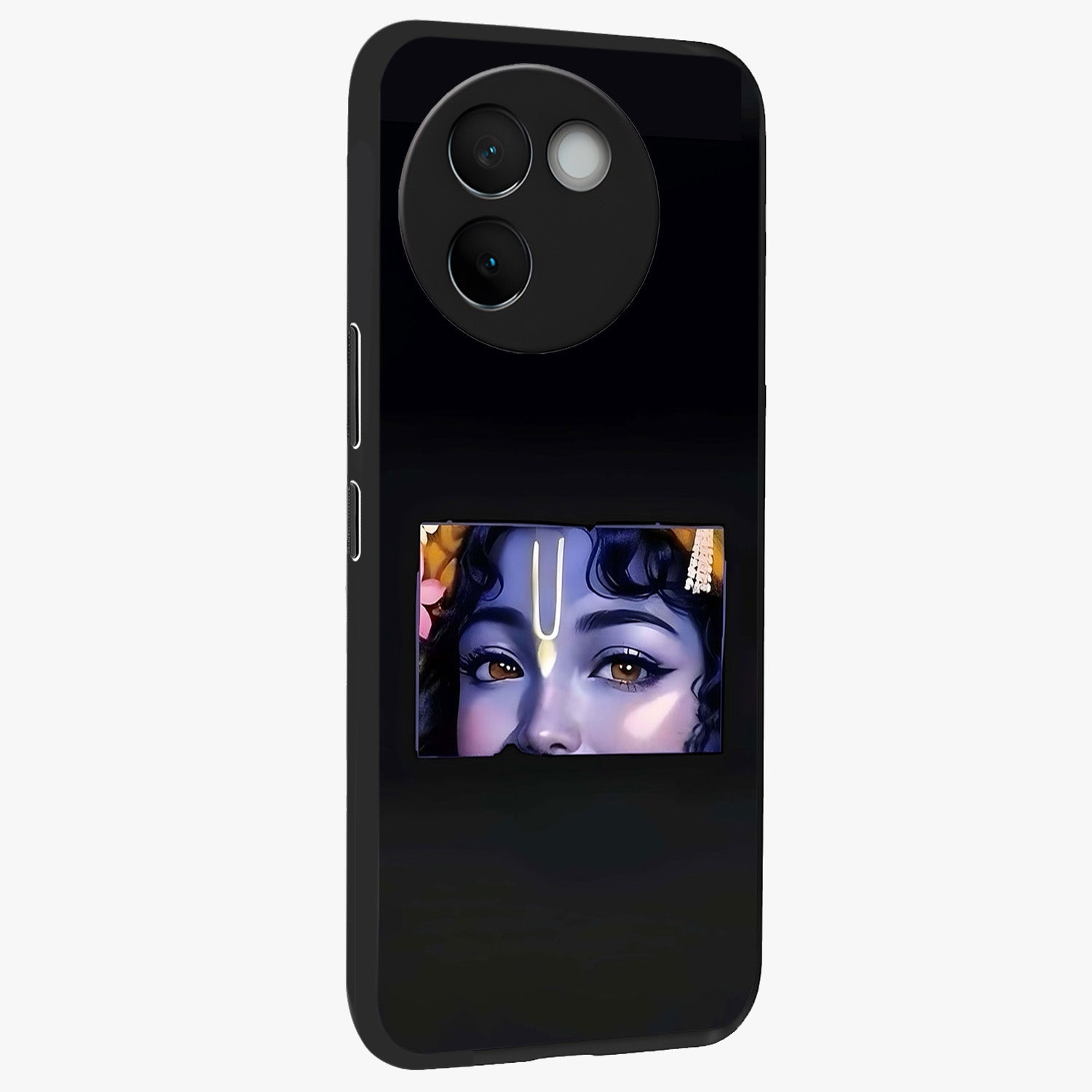 Krishna Divine Embrace Glass Case upright view showcasing sacred Krishna artwork with peaceful devotional theme.