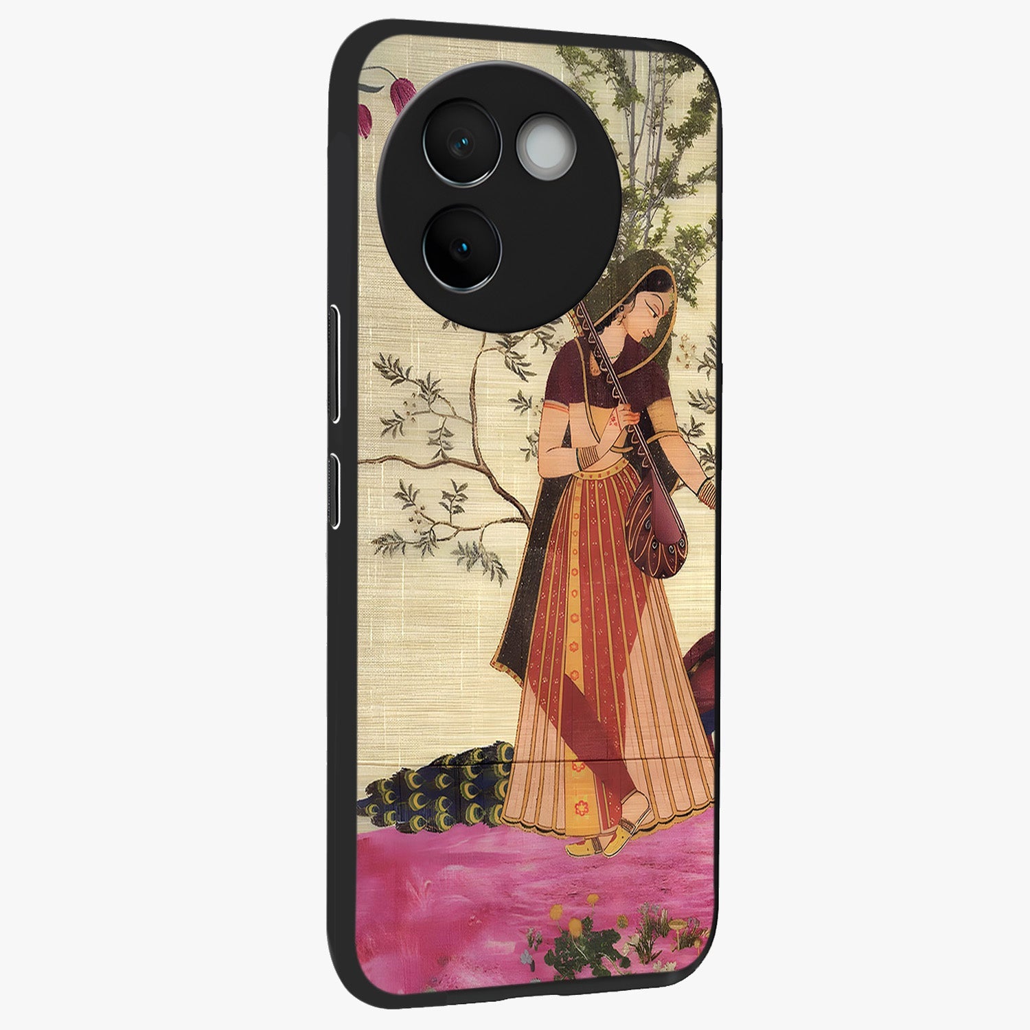Lady With Veena Art Glass Case upright view showcasing classical veena artwork with traditional artistic theme.