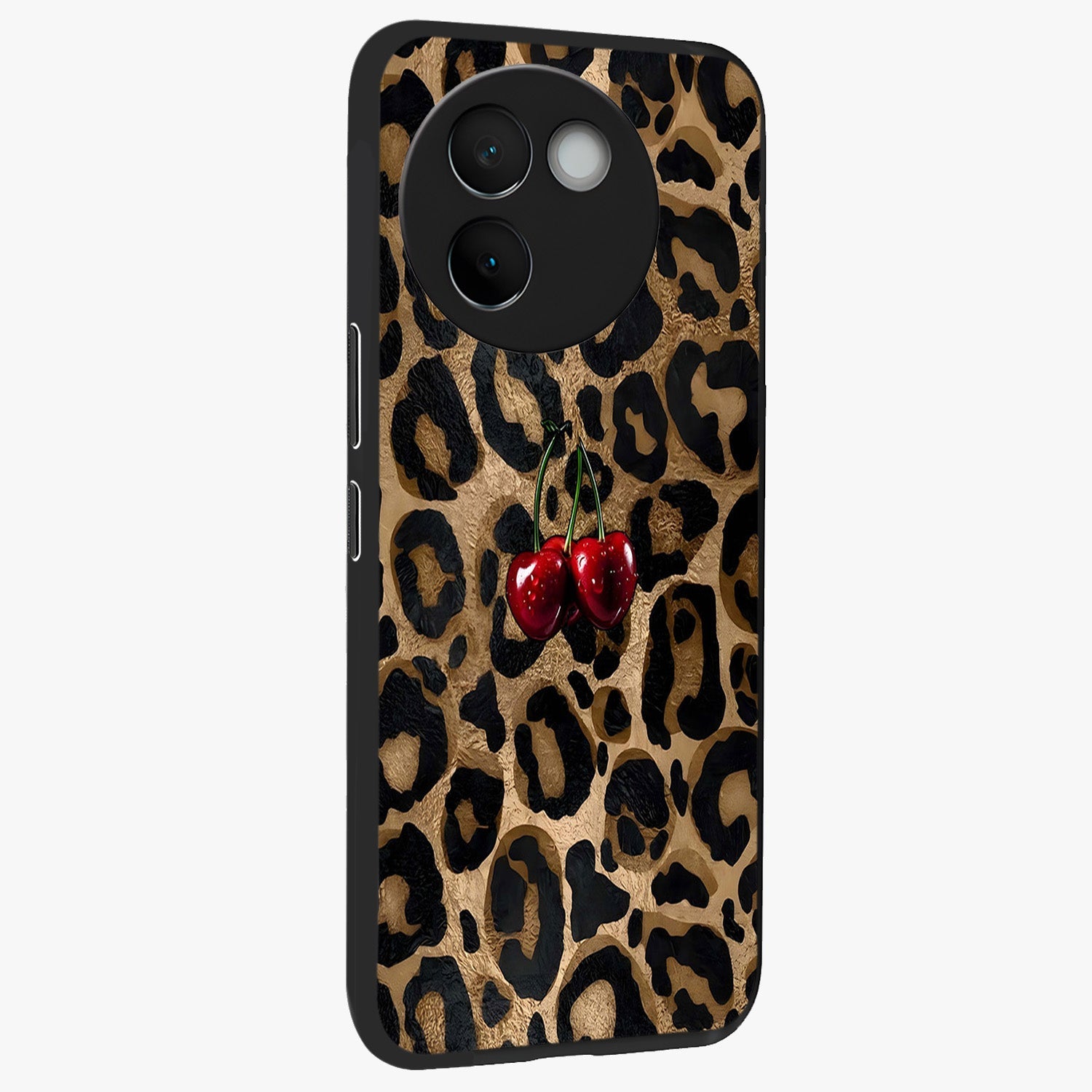 Leopard Wild Cherry Glass Case upright view showcasing stylish leopard pattern artwork with trendy fashion theme.