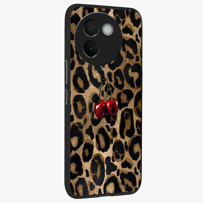 Leopard Wild Cherry Glass Case upright view showcasing stylish leopard pattern artwork with trendy fashion theme.