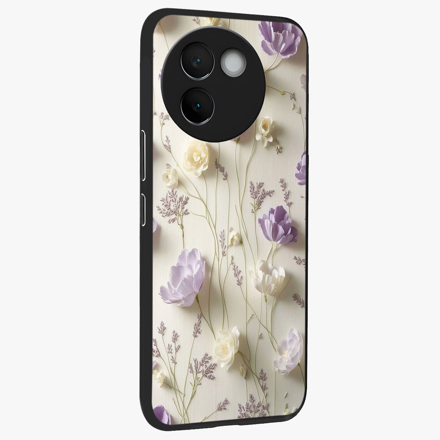 Lilac Breeze Harmony Glass Case upright view showcasing delicate lilac artwork with peaceful floral theme.