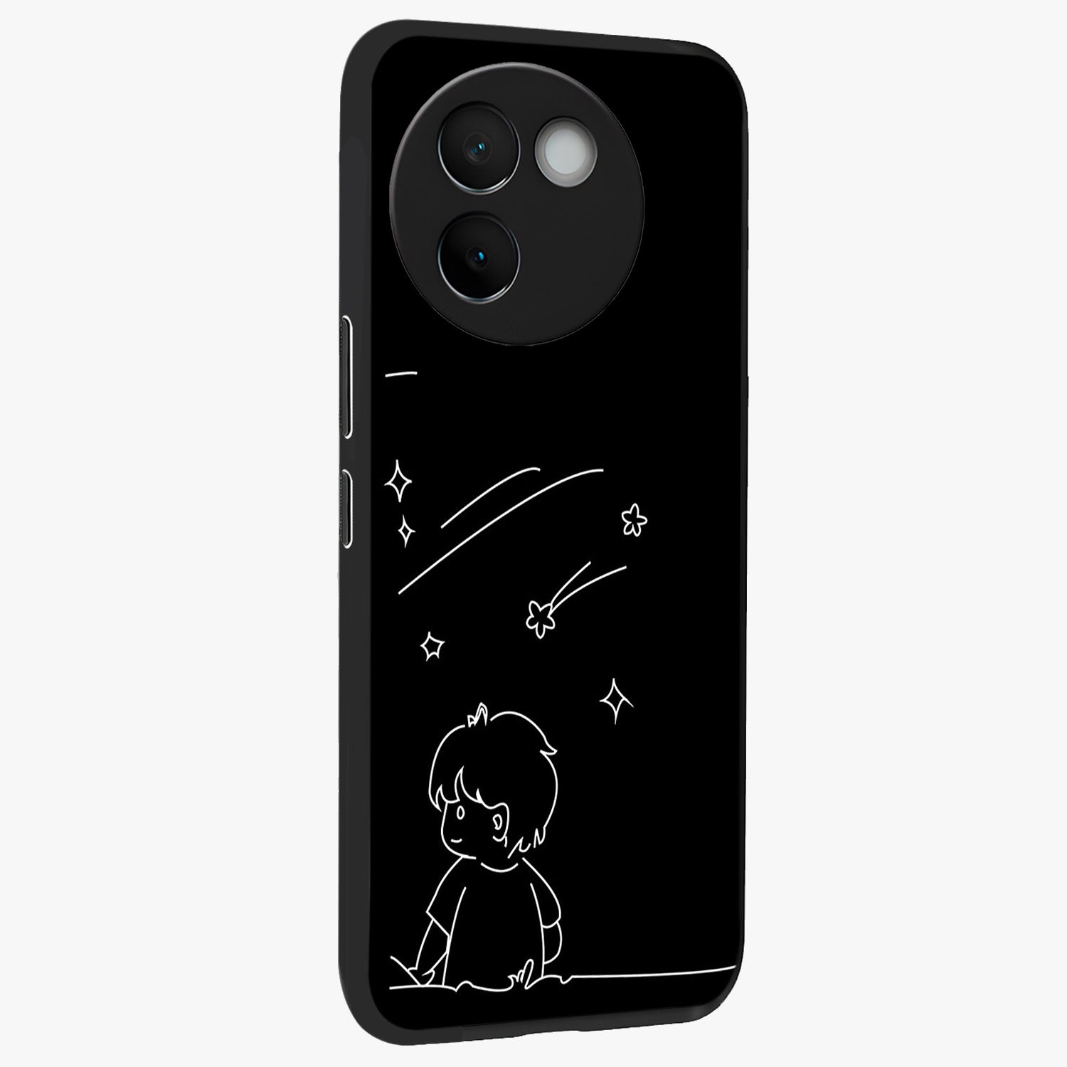 Line Art Boy With Shooting Stars Glass Case upright view showcasing artistic shooting star illustration with minimal style.