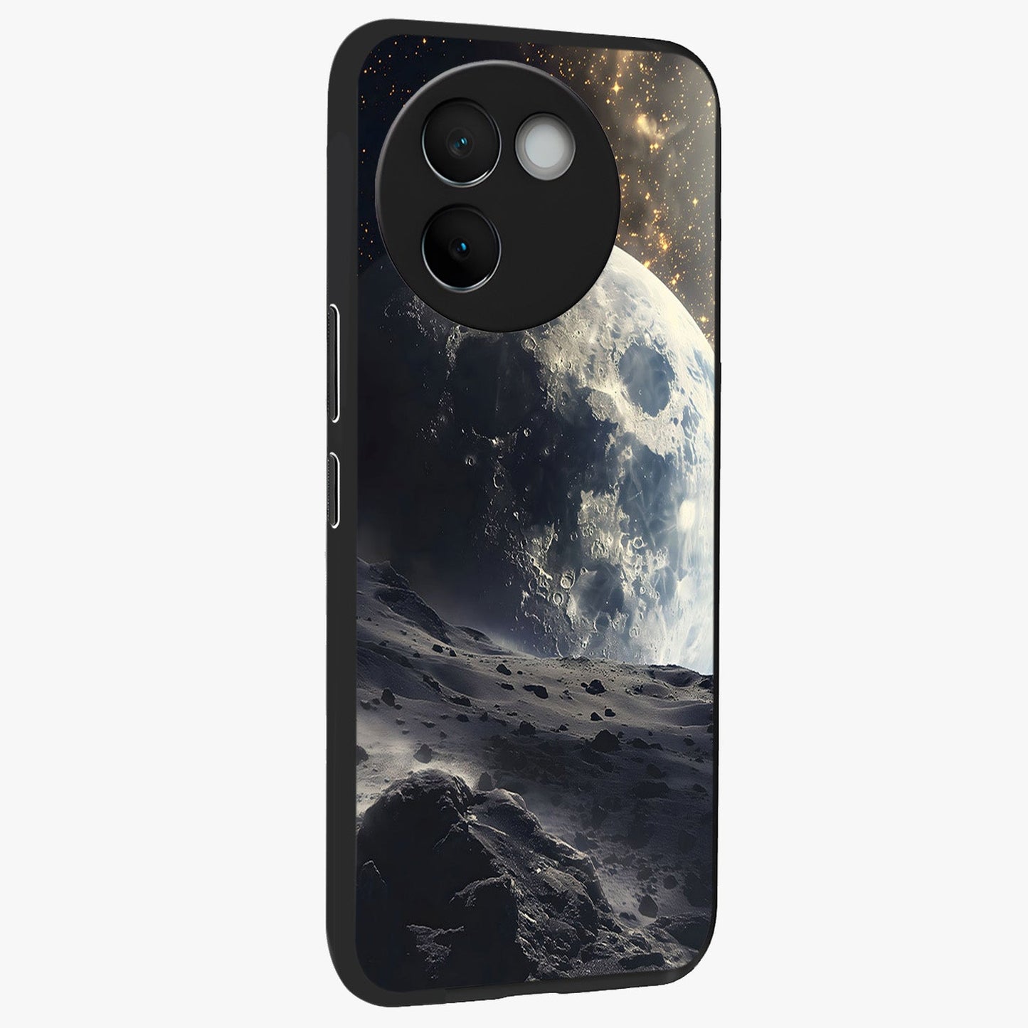 Lunar Horizon Glow Glass Case upright view showcasing radiant lunar artwork with calm cosmic theme.