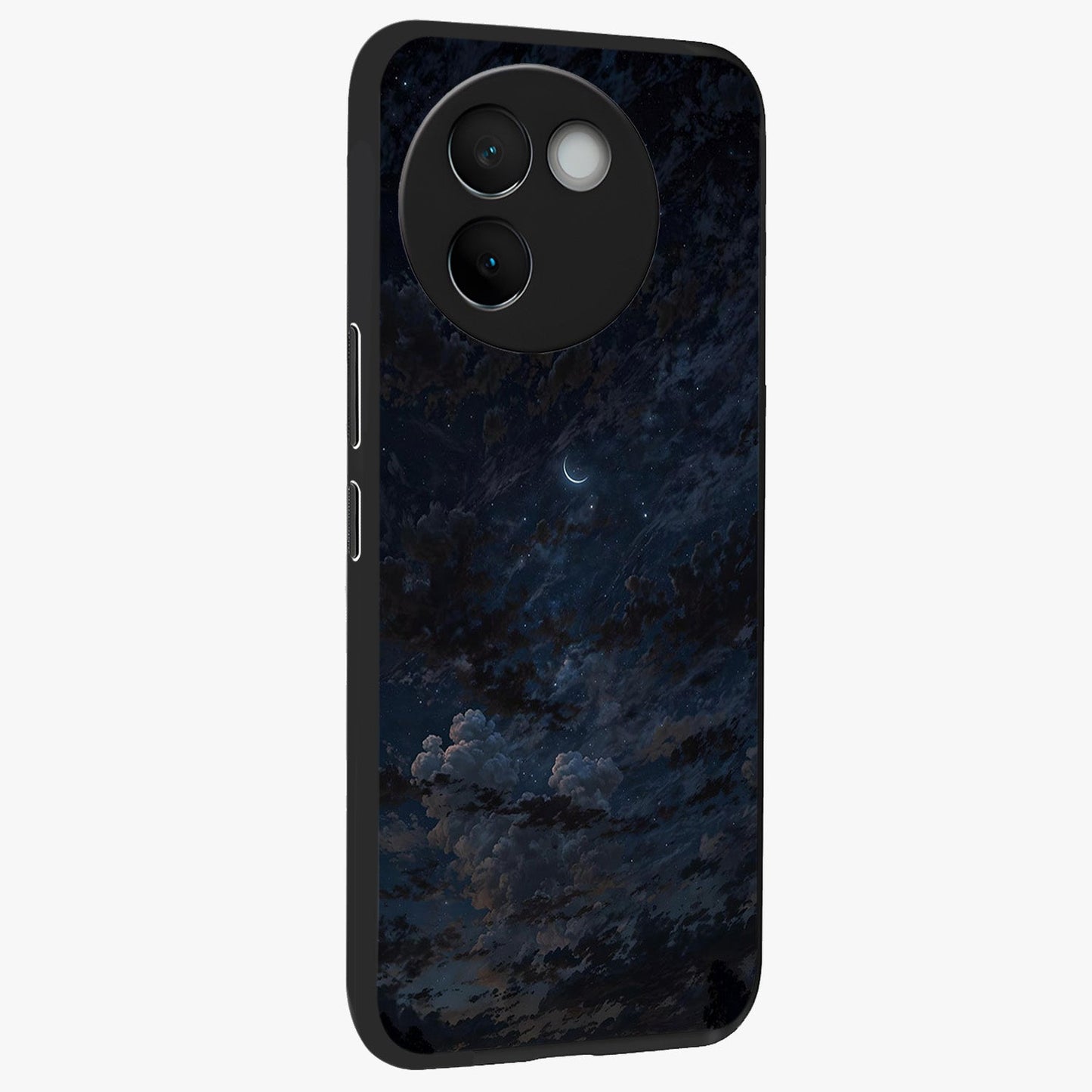 Lunar Veil Silence Glass Case upright view showcasing calm moon themed artwork with serene night atmosphere.
