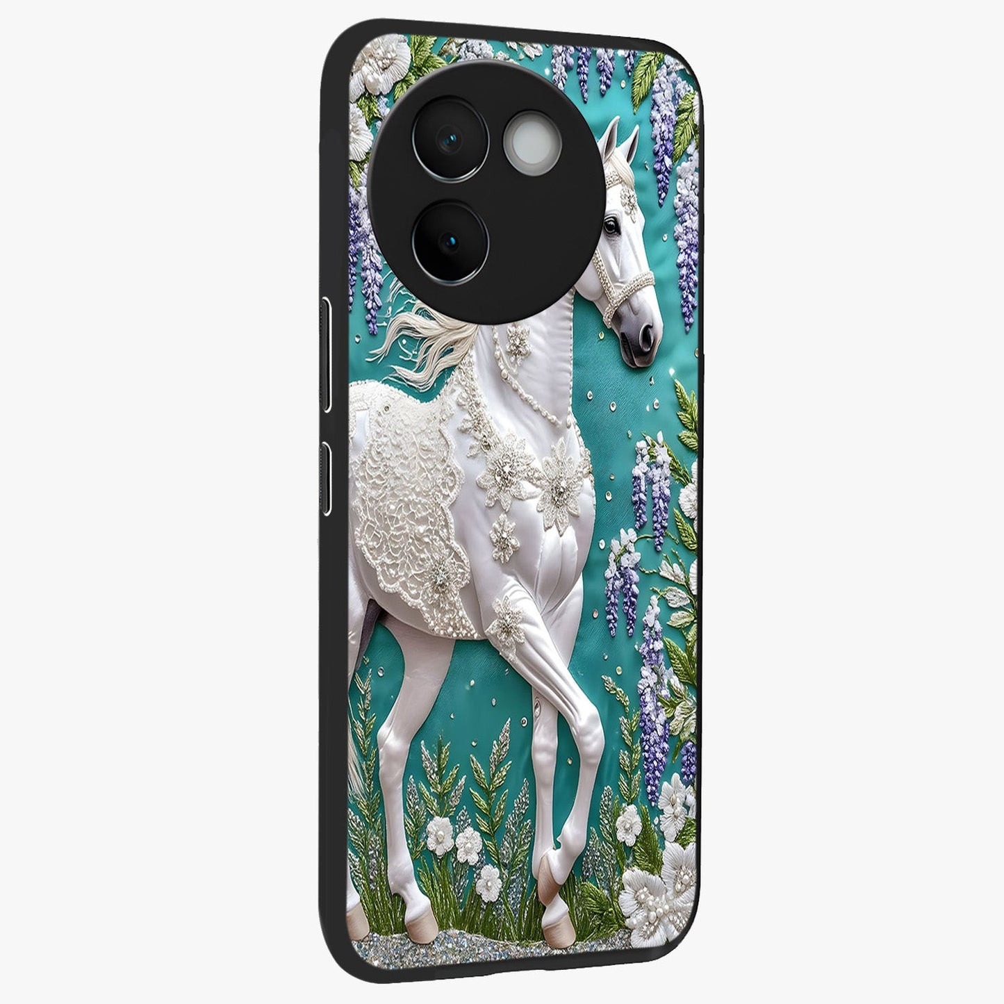 Majestic Floral Stallion Glass Case upright view showcasing dramatic horse artwork with decorative floral theme.