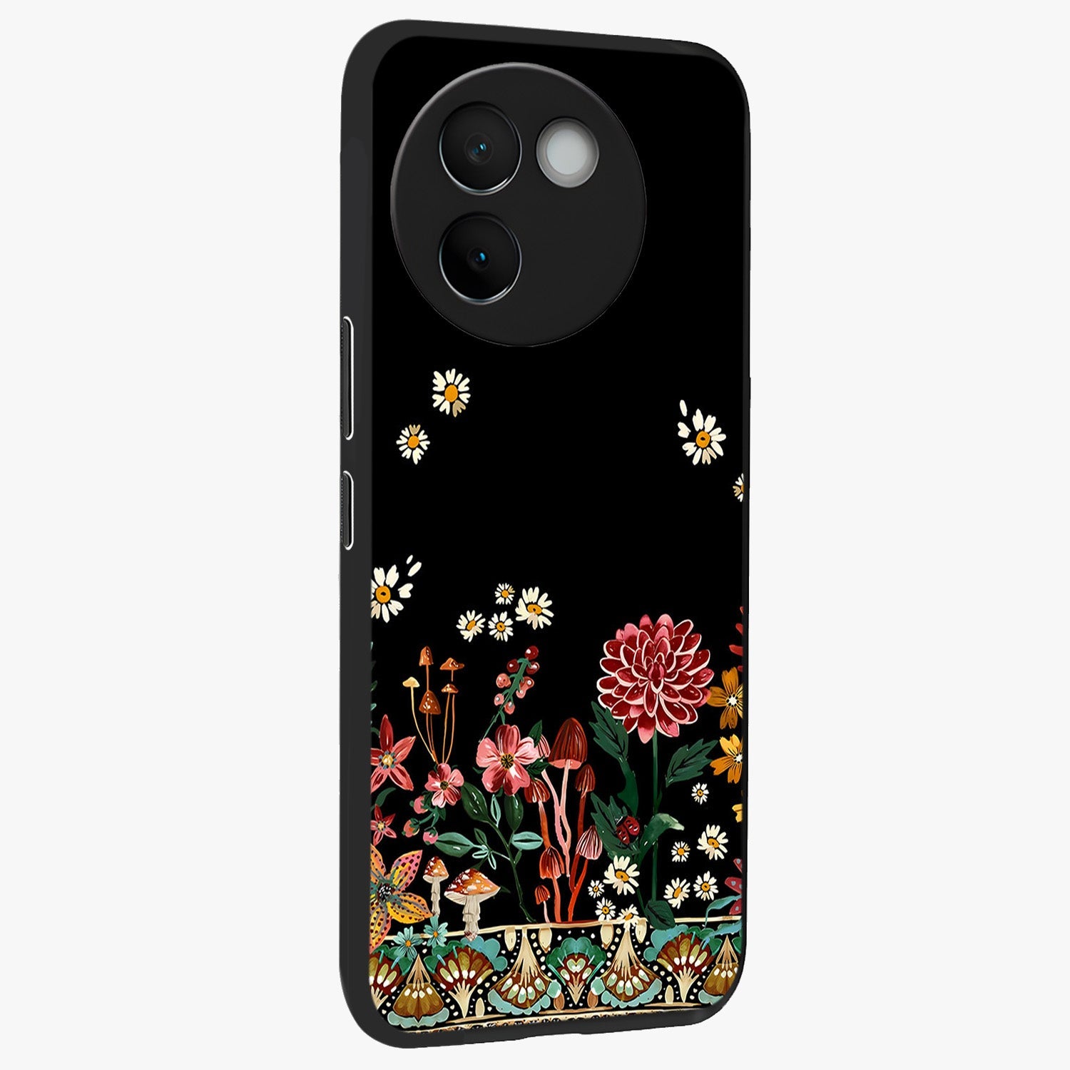 Midnight Bloom Pattern Glass Case upright view showcasing decorative floral artwork with deep night themed palette.