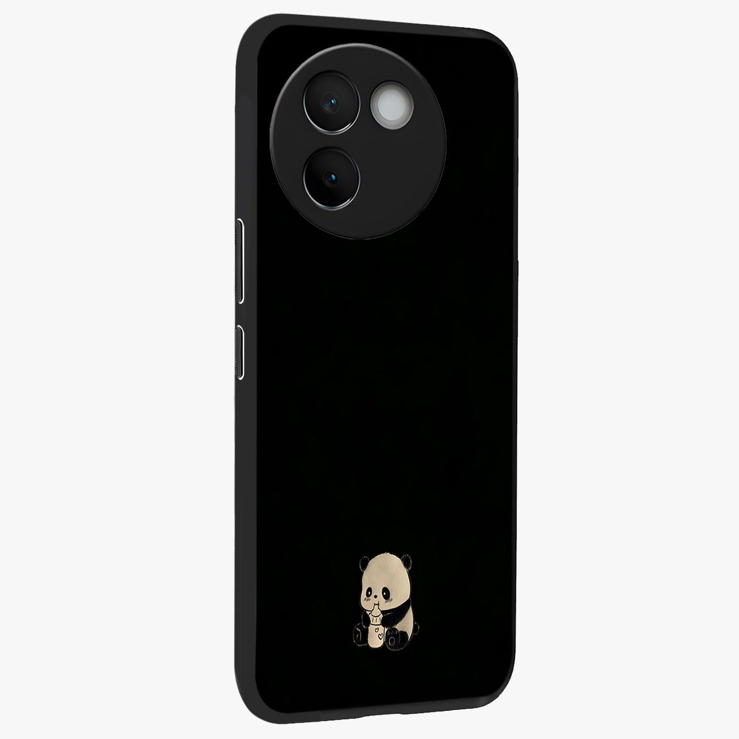 Midnight Panda Love Glass Case upright view showcasing charming panda artwork with playful romantic theme.