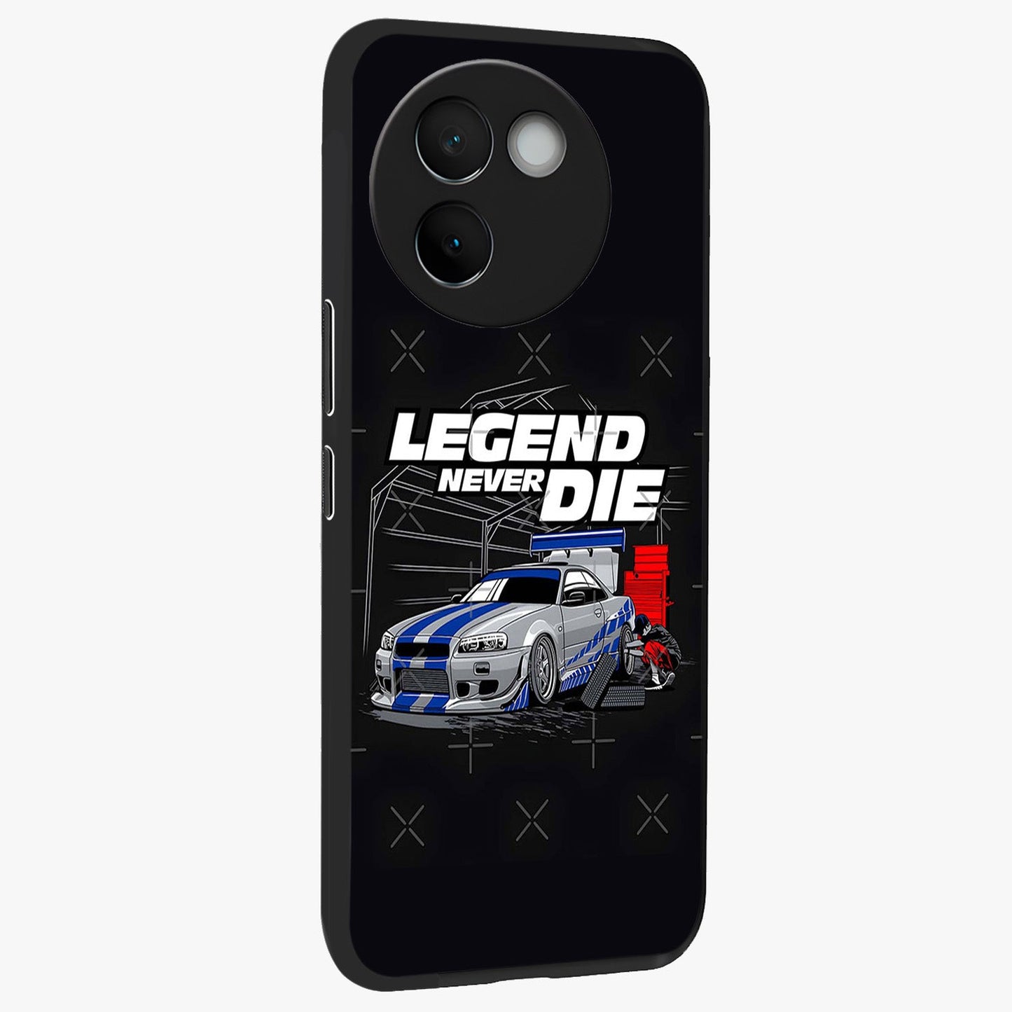 Midnight Racing Legacy Glass Case upright view showcasing powerful racing artwork with modern sports theme.