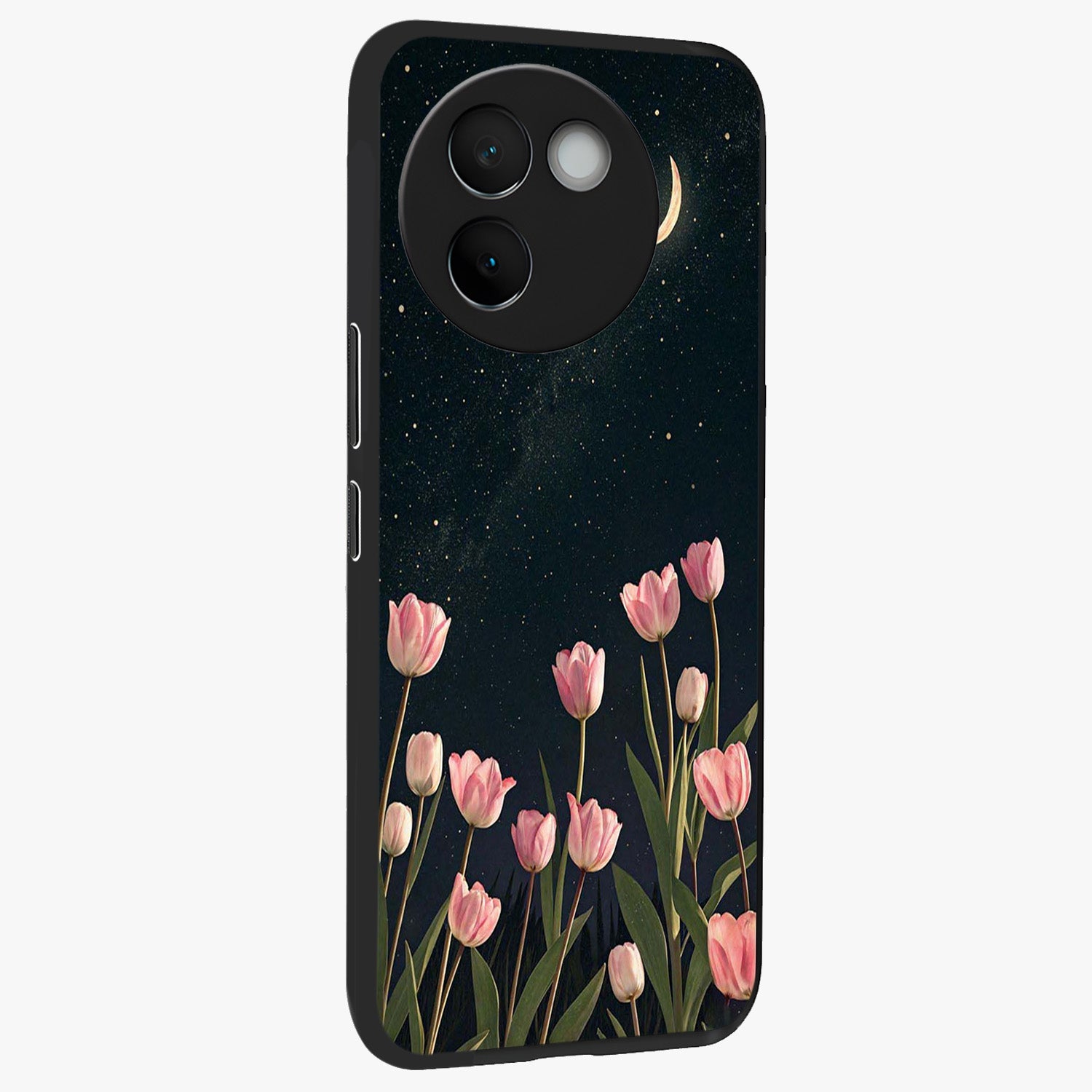 Midnight Tulip Whispers Vibe Glass Case upright view showcasing graceful tulip artwork with calm botanical theme.