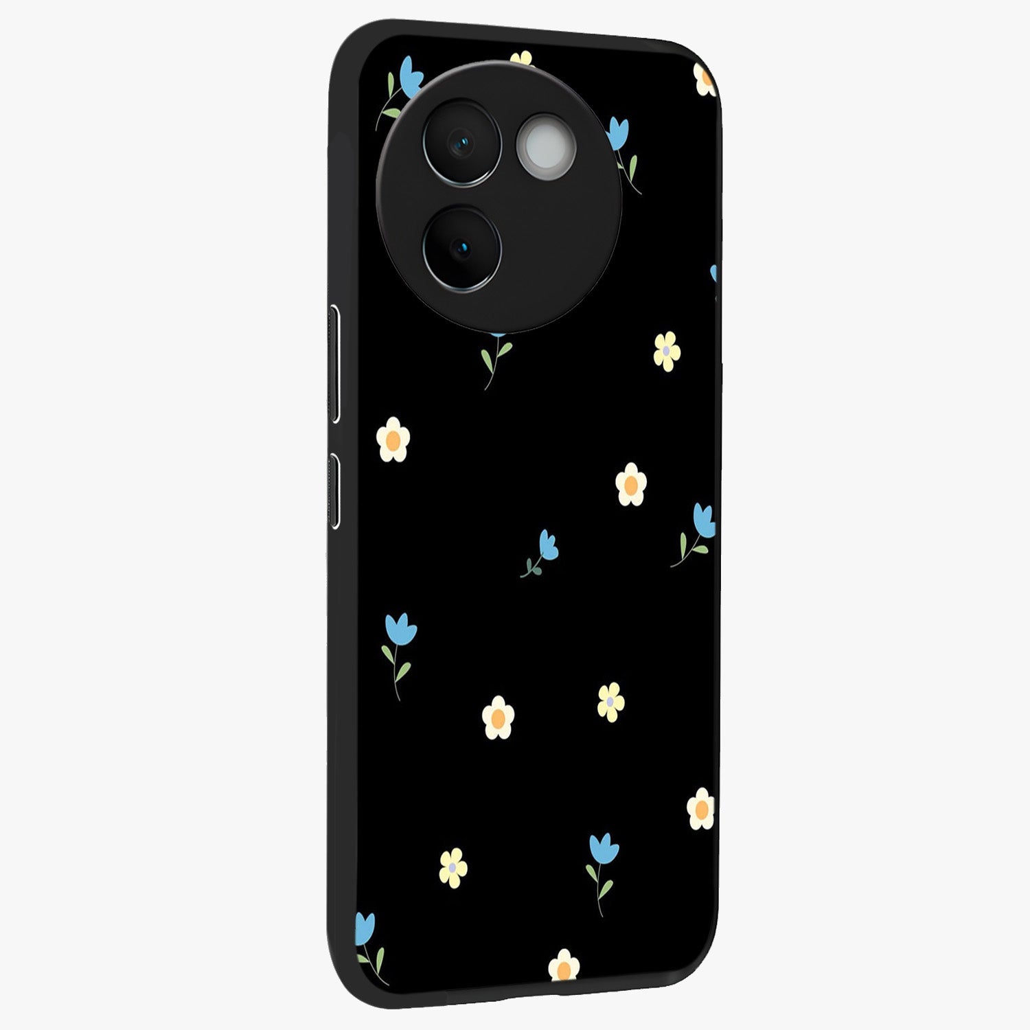 Minimal Petal Whispers Glass Case upright view showcasing elegant floral artwork with modern minimalist style.