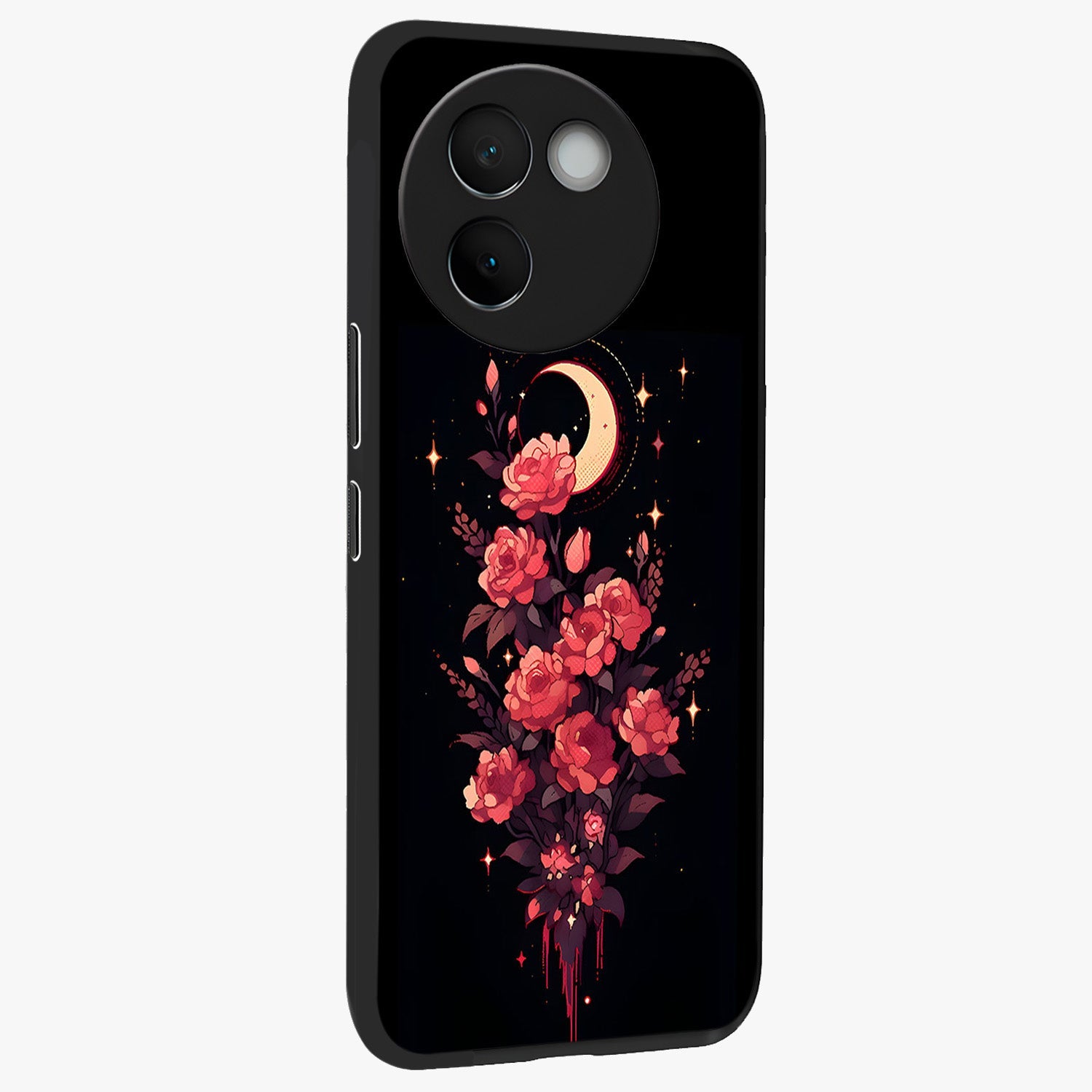 Moonlit Floral Elegance Glass Case upright view showcasing delicate floral artwork with refined night inspired theme.