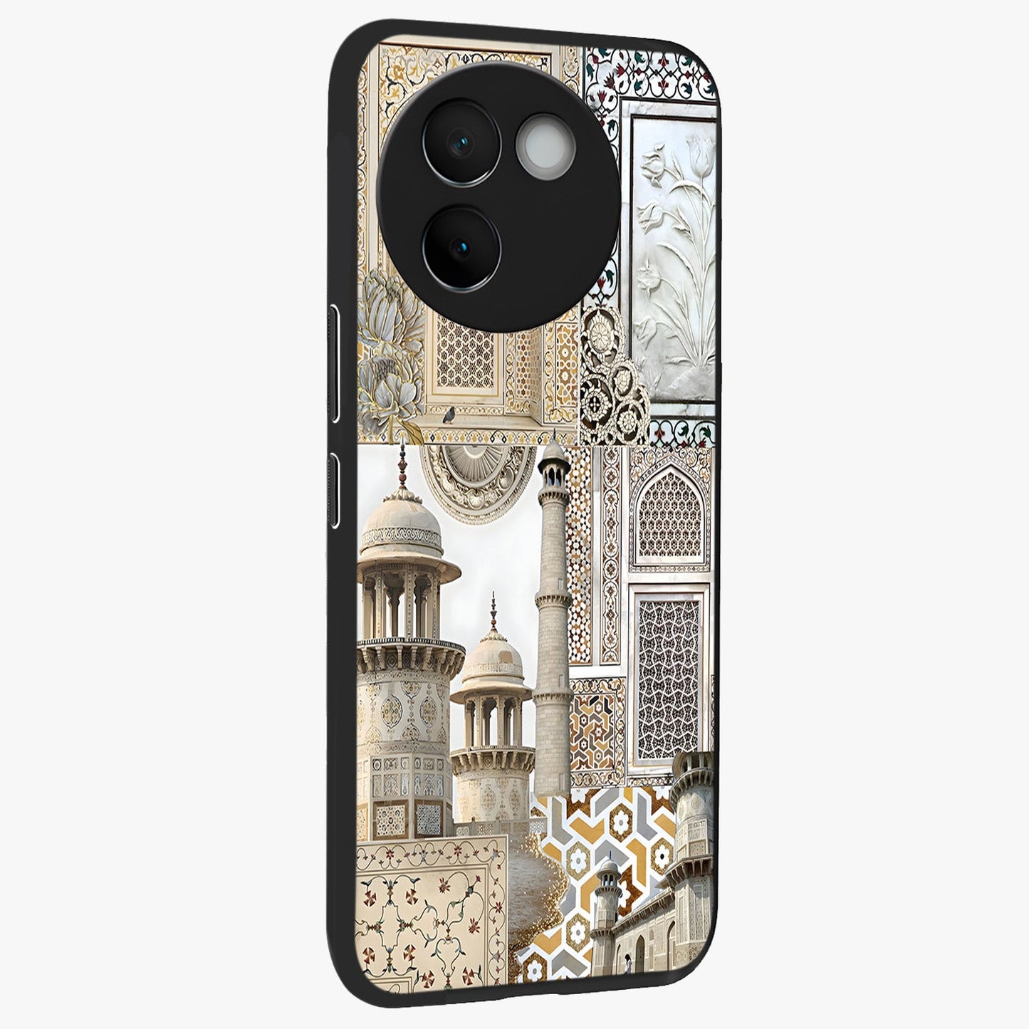 Mughal Marble Legacy Glass Case upright view showcasing ornate Mughal design with luxurious traditional theme.