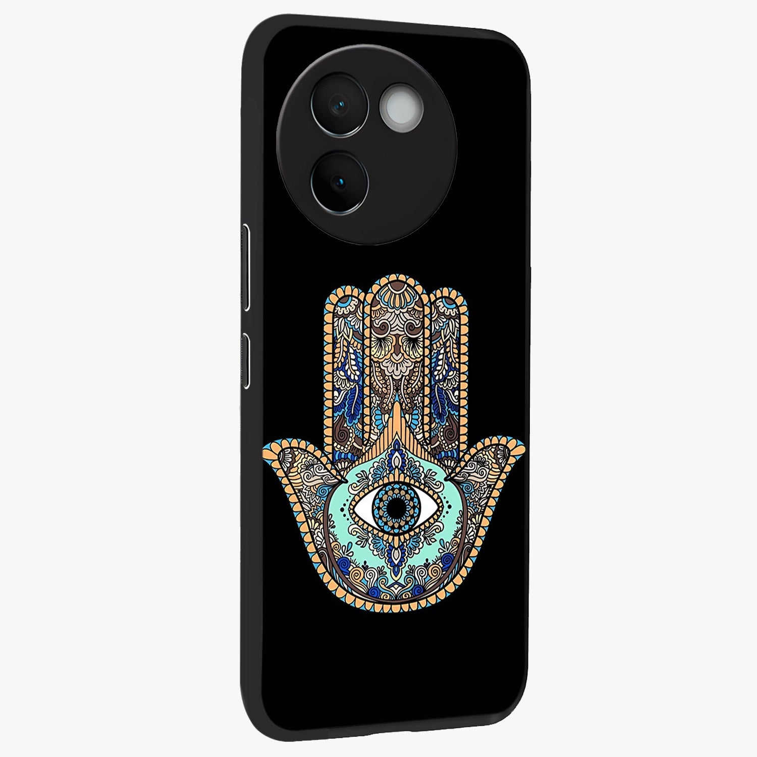 Mystic Hamsa Eye Glass Case upright view showcasing detailed hamsa eye artwork with protective spiritual theme.