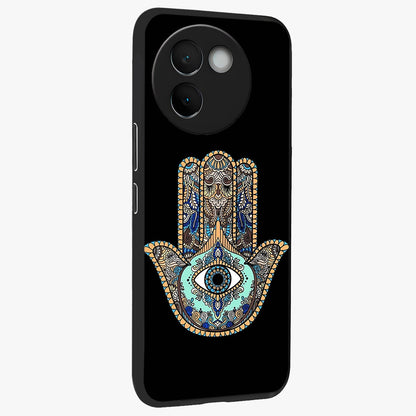 Mystic Hamsa Eye Glass Case upright view showcasing detailed hamsa eye artwork with protective spiritual theme.