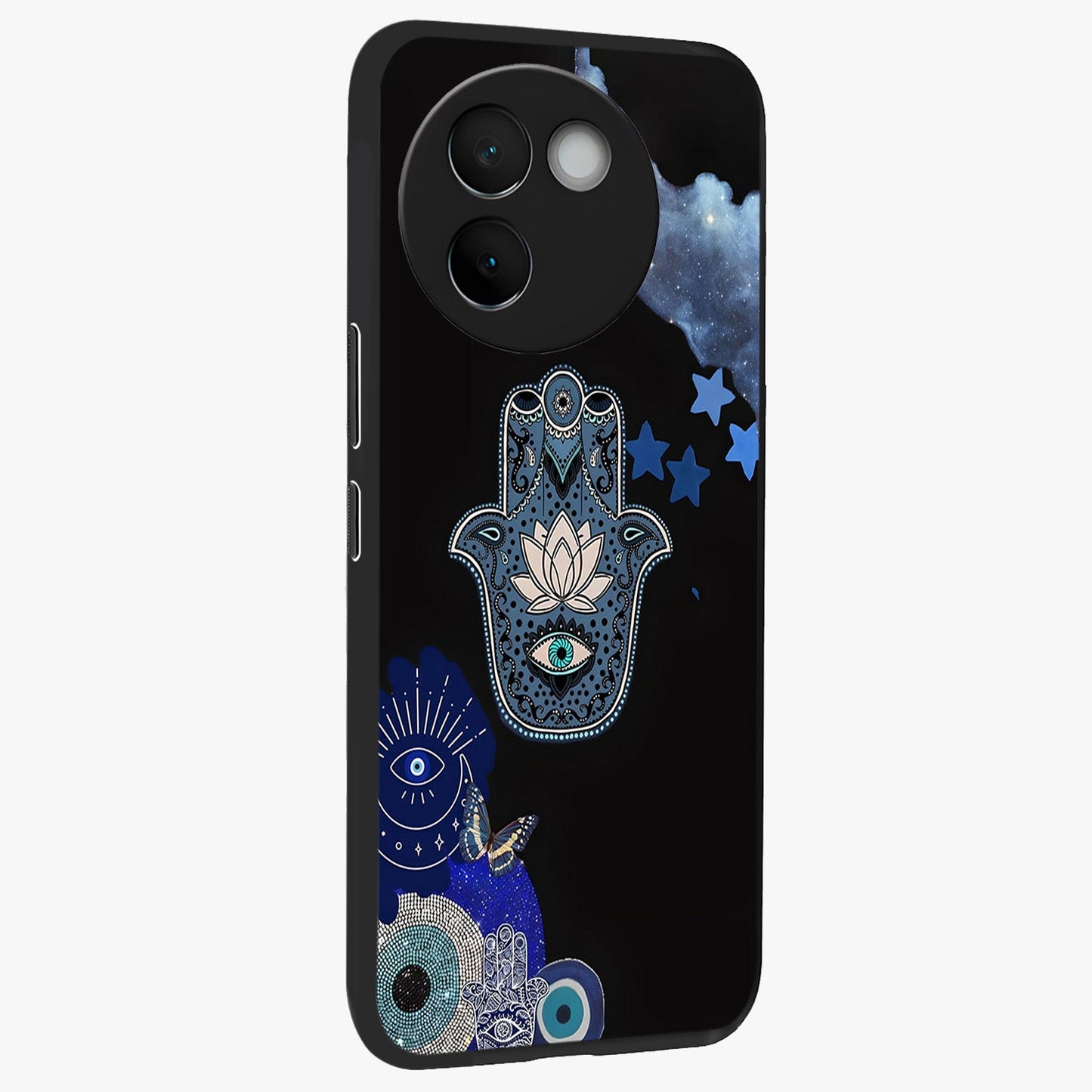 Mystic Hand Aura Glass Case upright view showcasing symbolic hand artwork with mystical energy theme.