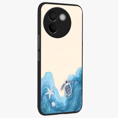 Ocean Drift Turtle Glass Case upright view showcasing calm underwater turtle artwork with nature inspired theme.