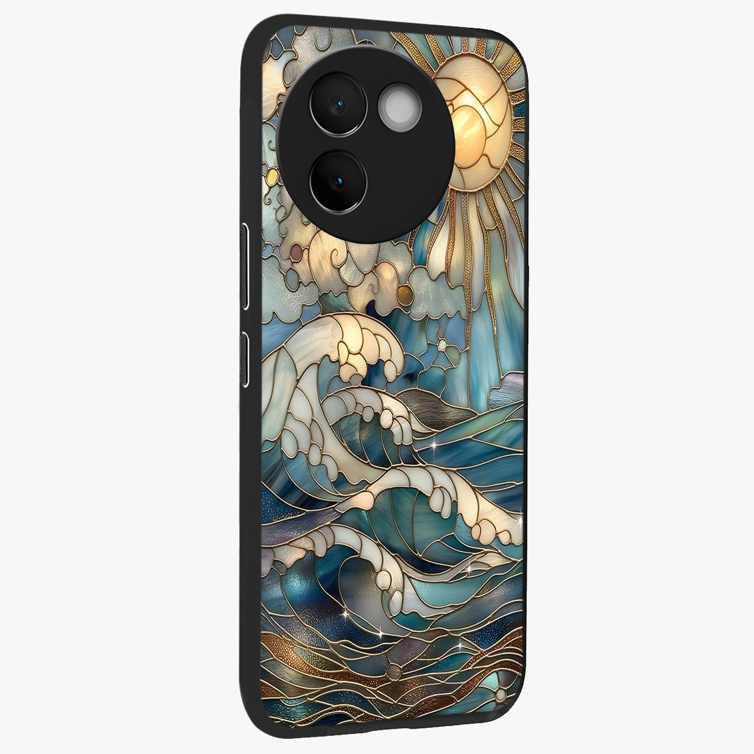 Oceanic Stained Printed Glass Case upright view showcasing decorative ocean pattern artwork with vibrant marine theme.