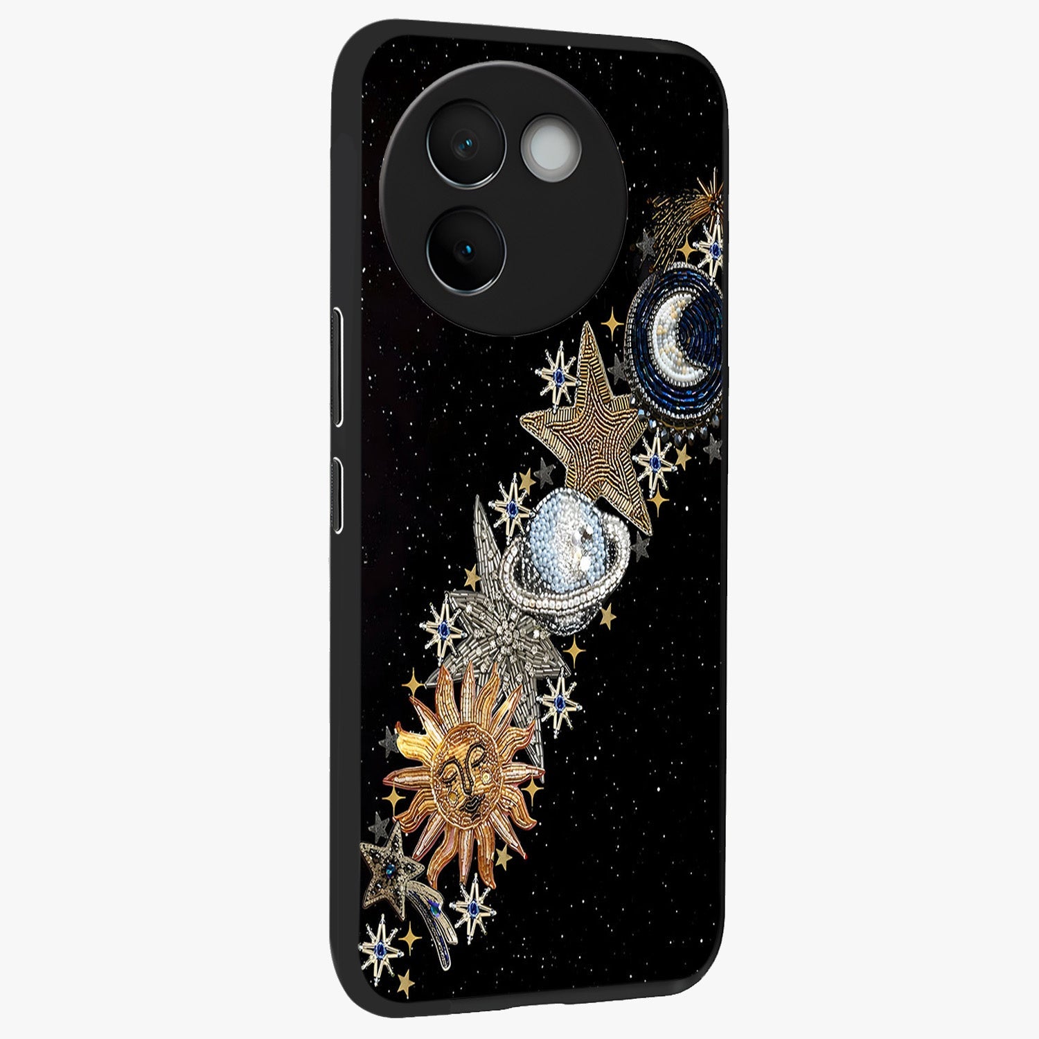 Pearls Universe Object Glass Case upright view showcasing decorative pearl themed artwork with cosmic elegance.