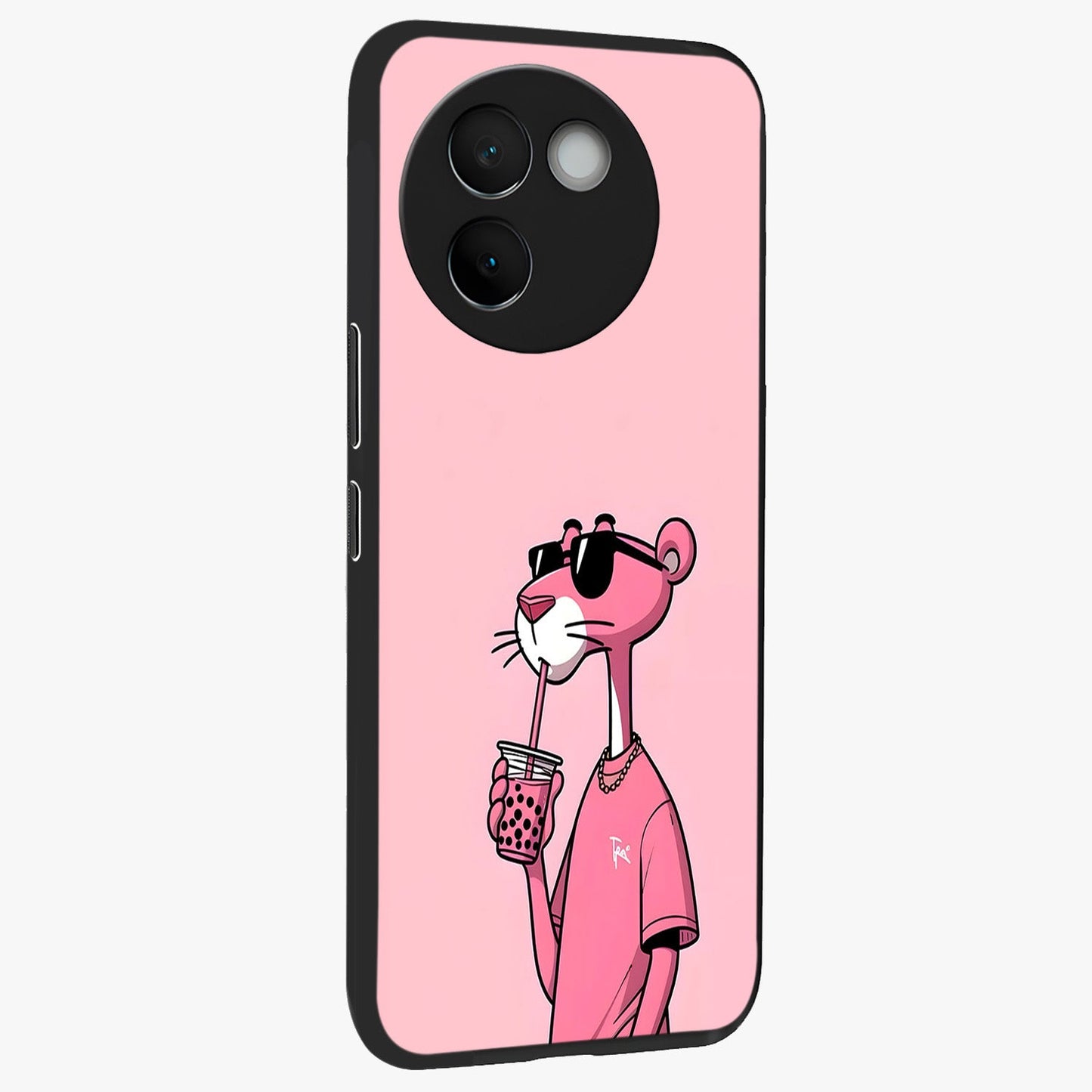 Pink Panther Glass Case upright view showcasing fun animated artwork with stylish retro cartoon theme.