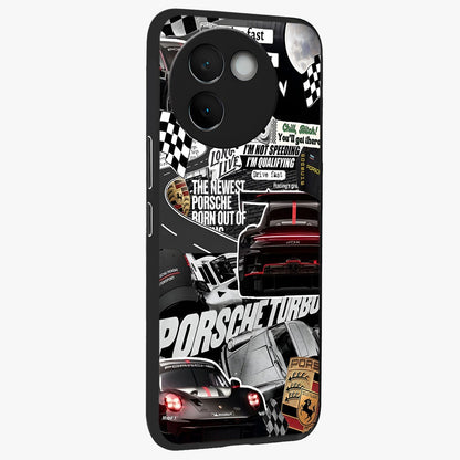 Porsche Racing Collage Glass Case upright view showcasing energetic car collage artwork with high speed racing theme.