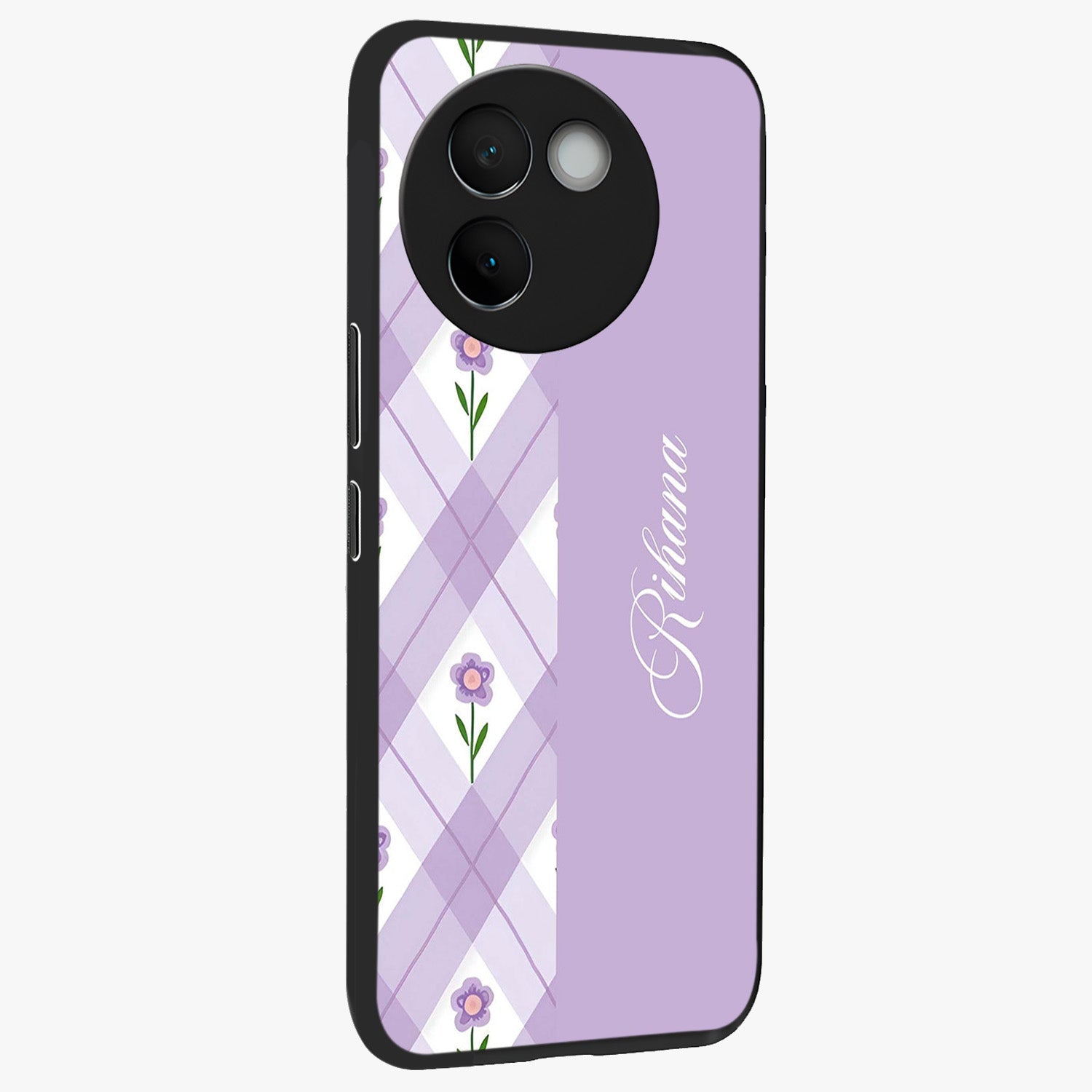 Purple Diamond Floral Glass Case upright view showcasing vibrant floral artwork with stylish geometric theme.