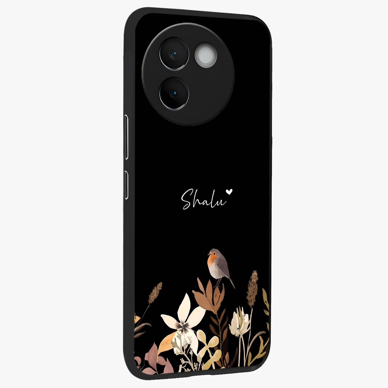 Quiet Garden Tune Custom Name Glass Case upright view showcasing serene botanical artwork with personalized aesthetic.