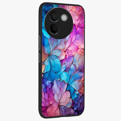 Radiant Floral Whirl Glass Case upright view showcasing lively floral artwork with decorative swirl theme.