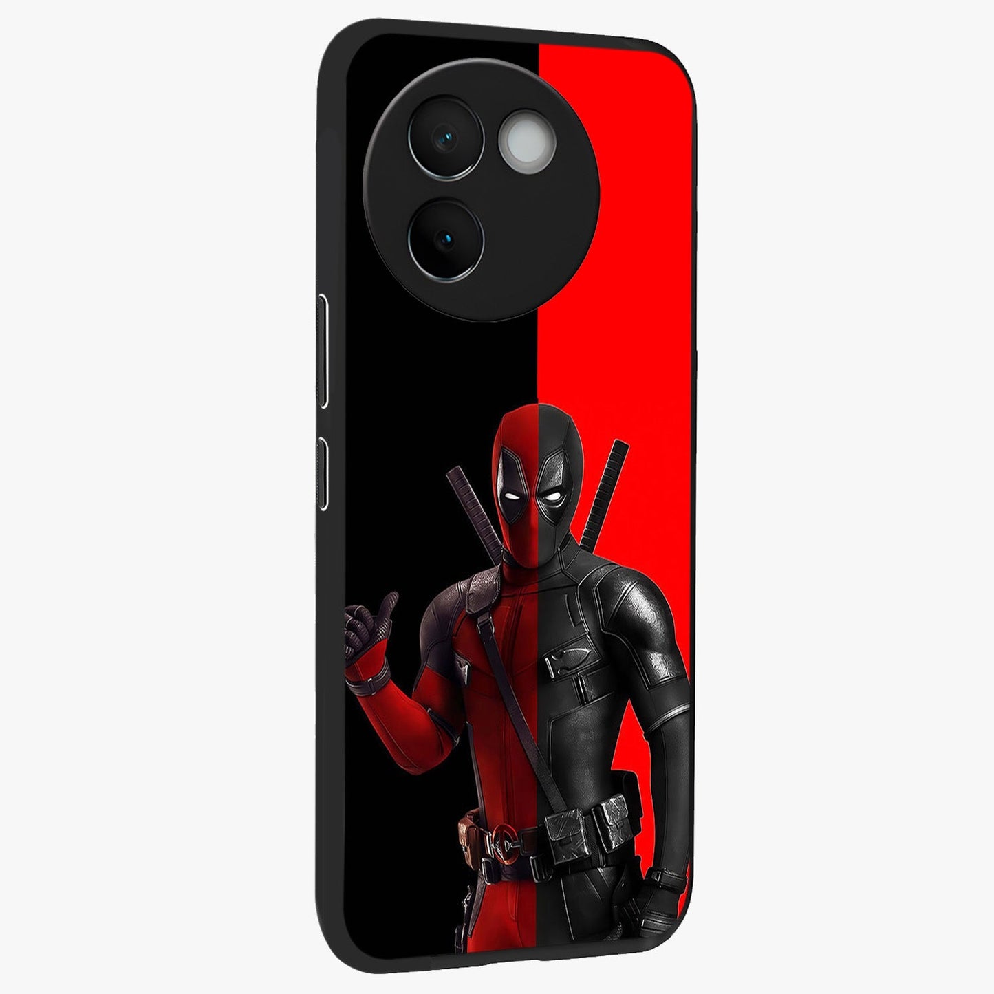 Red & Black Deadpool Theme Glass Case upright view showcasing energetic comic themed artwork with striking red and black design.