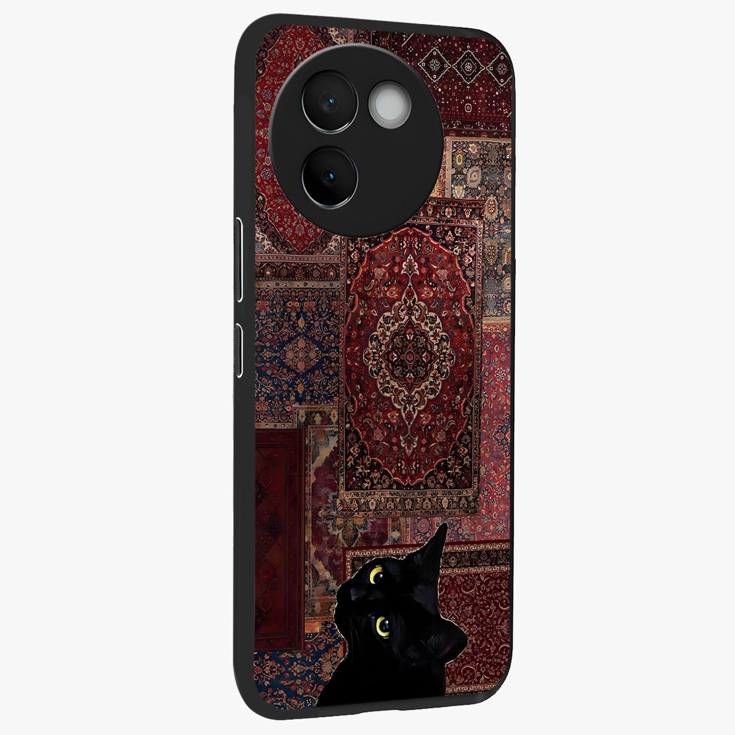 Regal Magic Cat Apple Glass Case upright view showcasing charming cat artwork with playful magical theme.