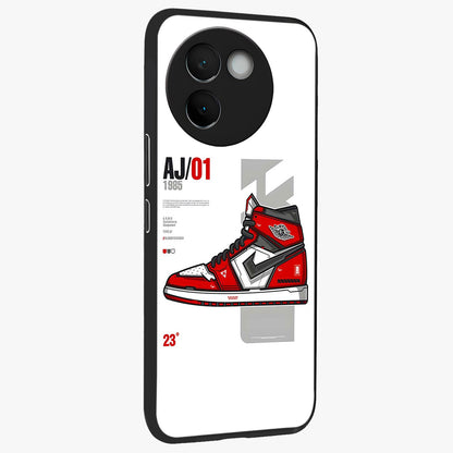 Retro Sneaker Blueprint Glass Case upright view showcasing stylish sneaker illustration with vintage streetwear theme.