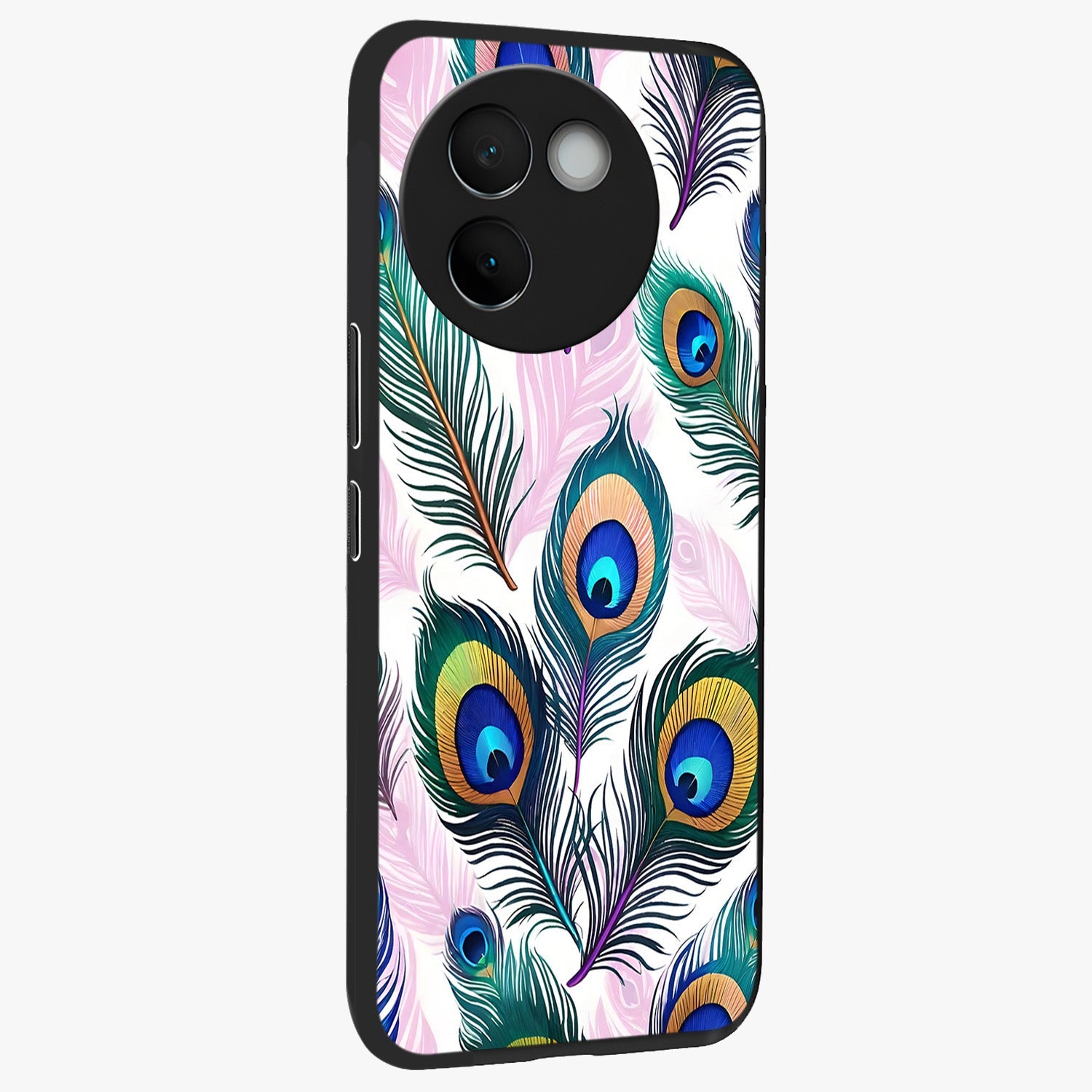 Royal Peacock Feathers Glass Case upright view showcasing elegant peacock feather artwork with decorative royal theme.