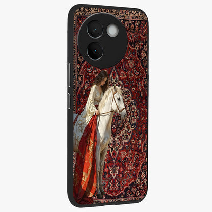 Royal Rider Tapestry Glass Case upright view showcasing detailed rider artwork with classic tapestry theme.