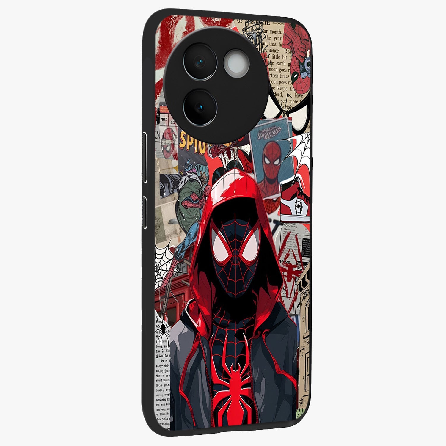 Spider Collage Street Glass Case upright view showcasing bold superhero artwork with urban street theme.