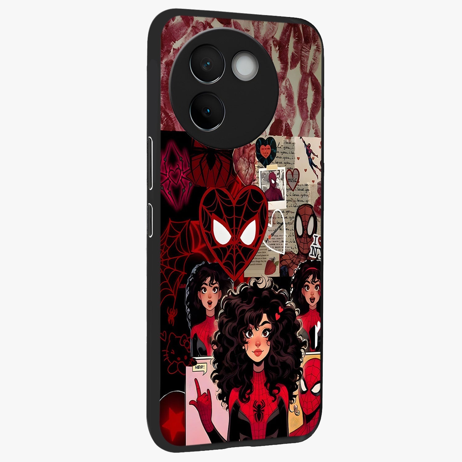 Spider Love Story Glass Case upright view showcasing charming superhero artwork with romantic comic theme.